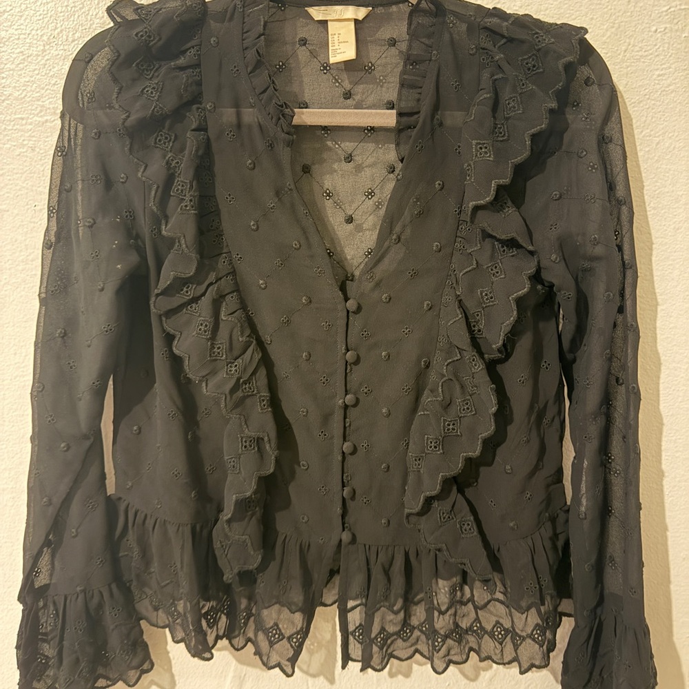 H&M Black Ruffle Lace Button-Front Blouse